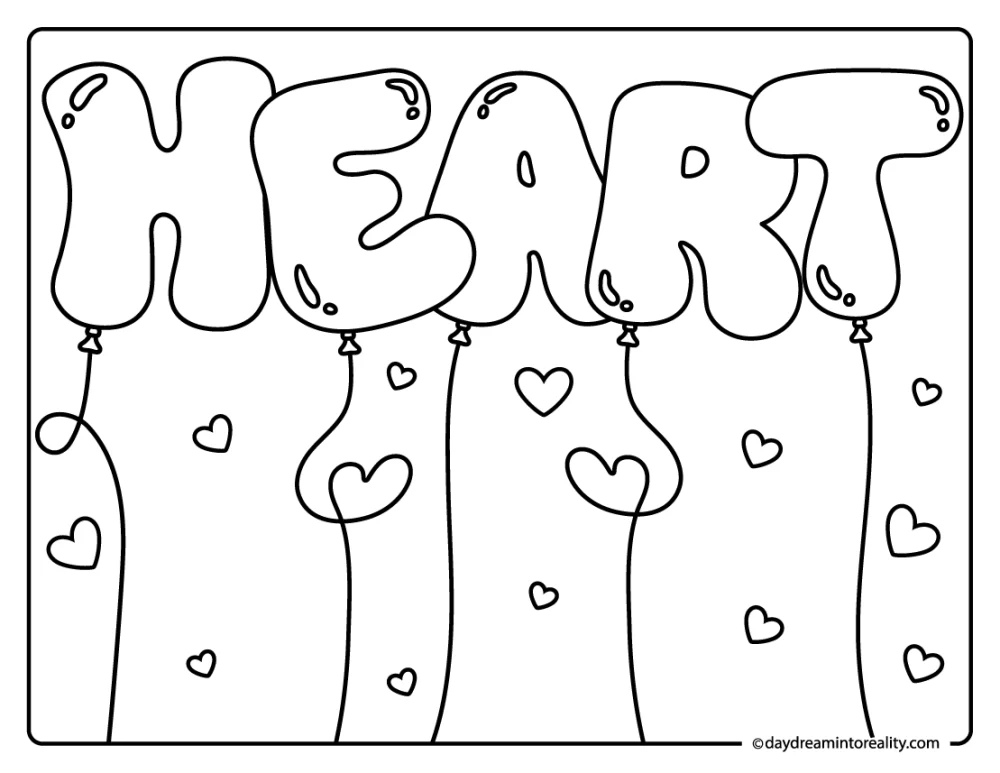 Balloon heart word coloring page with dripping letters and cute style.
