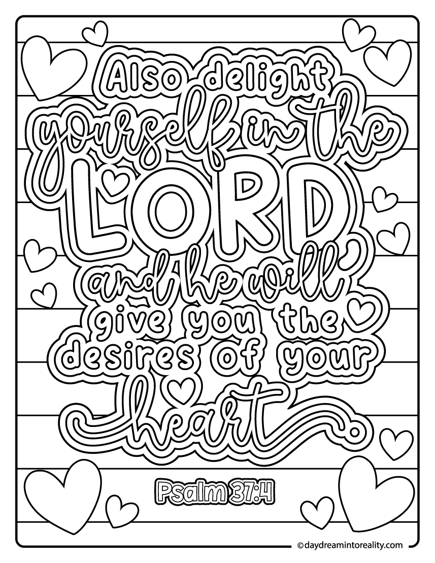 Bible verse coloring page delight yourself in the Lord heart theme (Psalm 37:4)