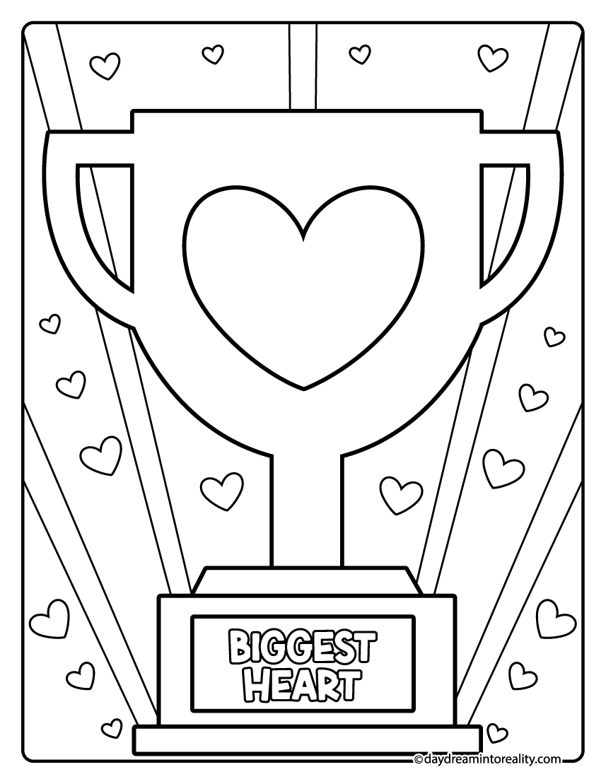 Trophy with heart coloring page celebrating kindness.