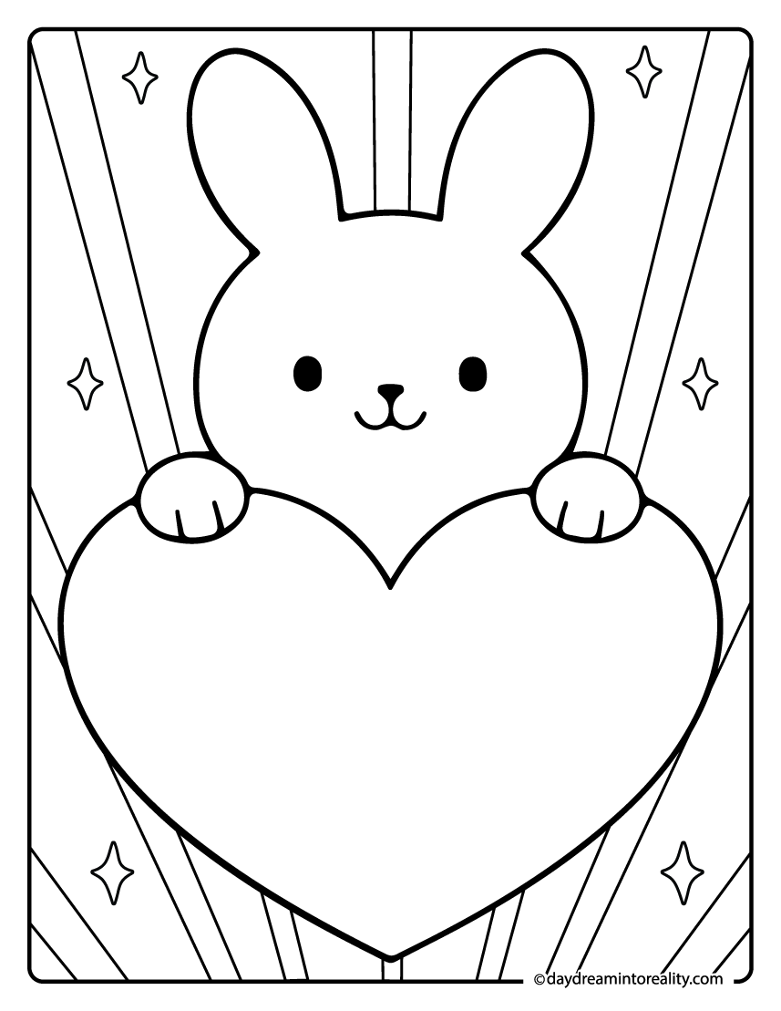 Bunny holding heart coloring page with cute animal theme.