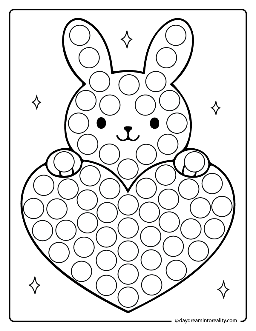 Bunny holding a heart dot marker worksheet for kids to dab a dot and strengthen fine motor skills.