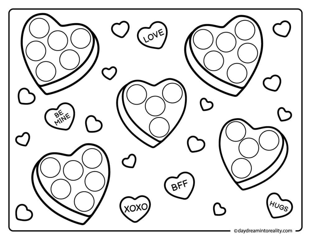Candy-style conversation heart dot marker worksheet for kids to paint a dot and practice hand-eye coordination.