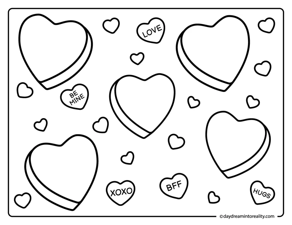 Candy style hearts coloring page with fun shapes and patterns.