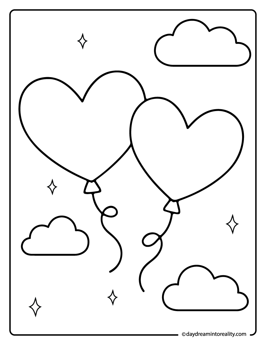 Heart balloons coloring page floating in the sky with clouds.