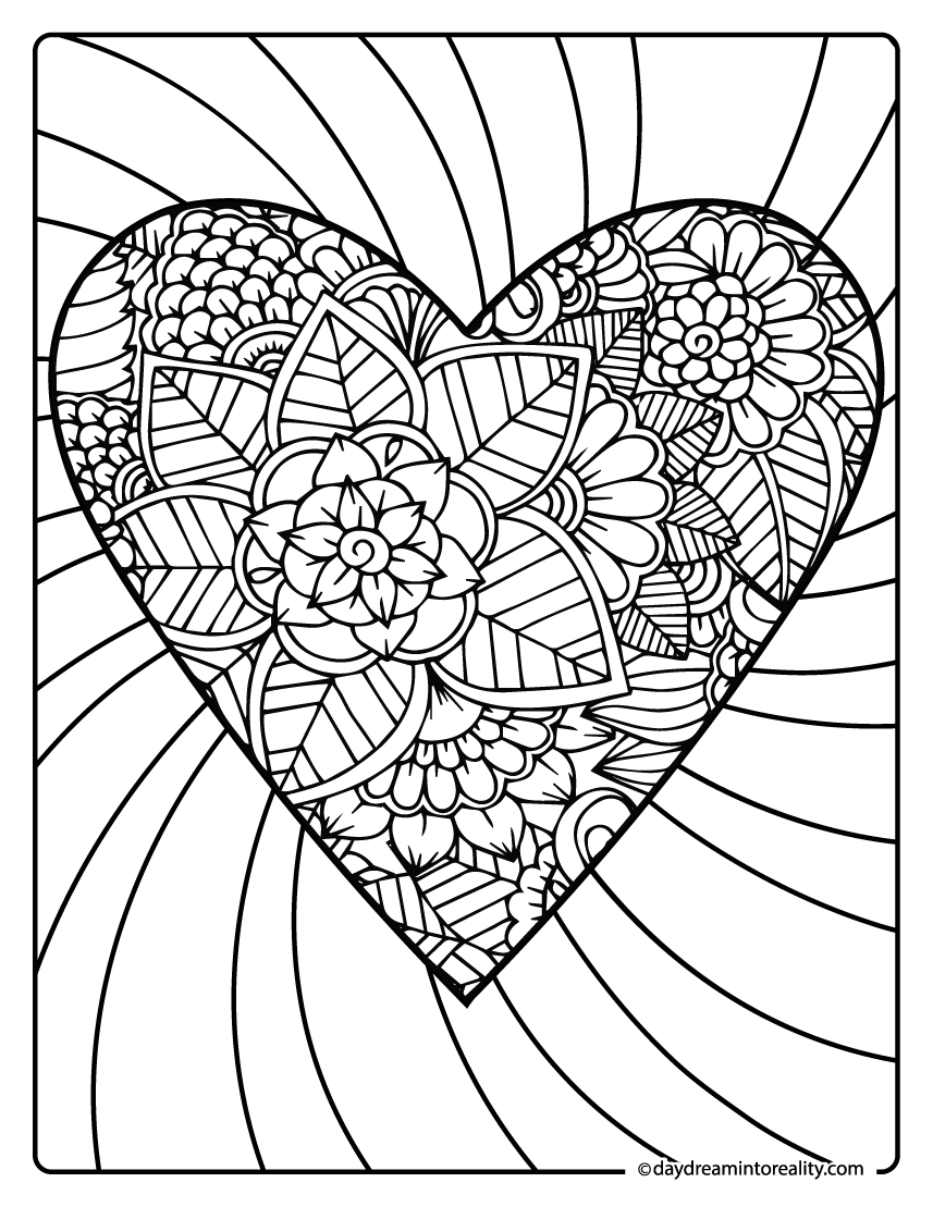 Floral mandala heart coloring page with detailed patterns.