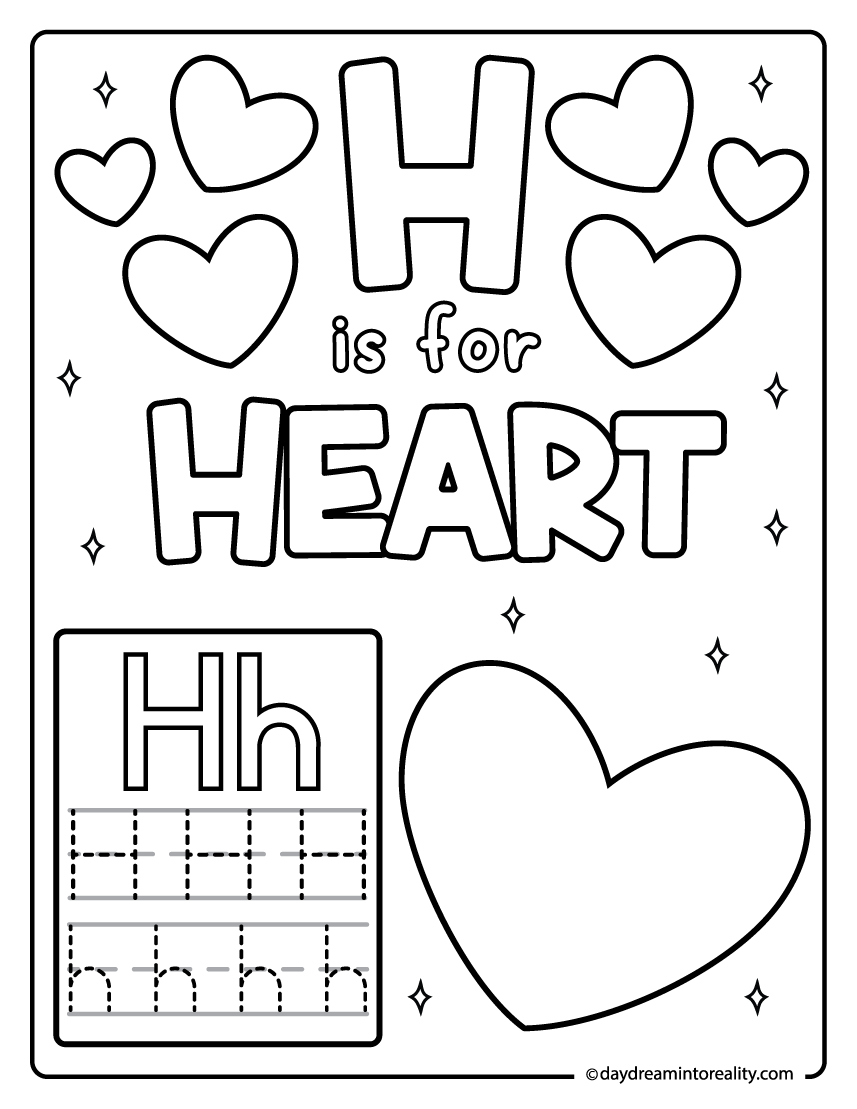 Letter h is for heart coloring page with tracing activity.