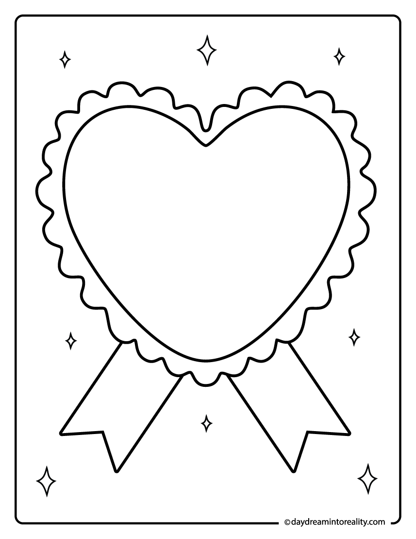 Award ribbon heart coloring page with sparkles.