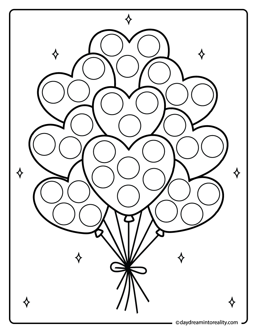 Heart balloon bouquet dot marker page for kids to use dot markers while building fine motor control and shape recognition.
