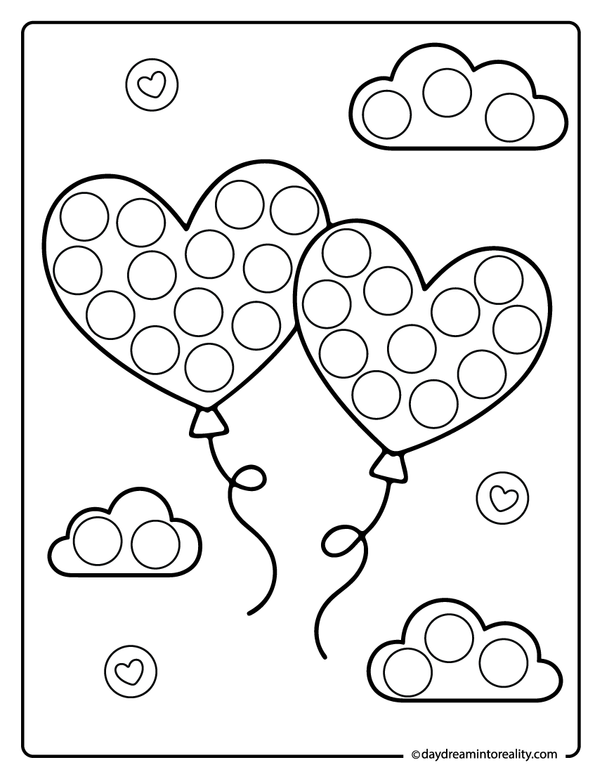 Heart balloon dot marker page with clouds for preschool paint a dot activities and visual tracking practice.