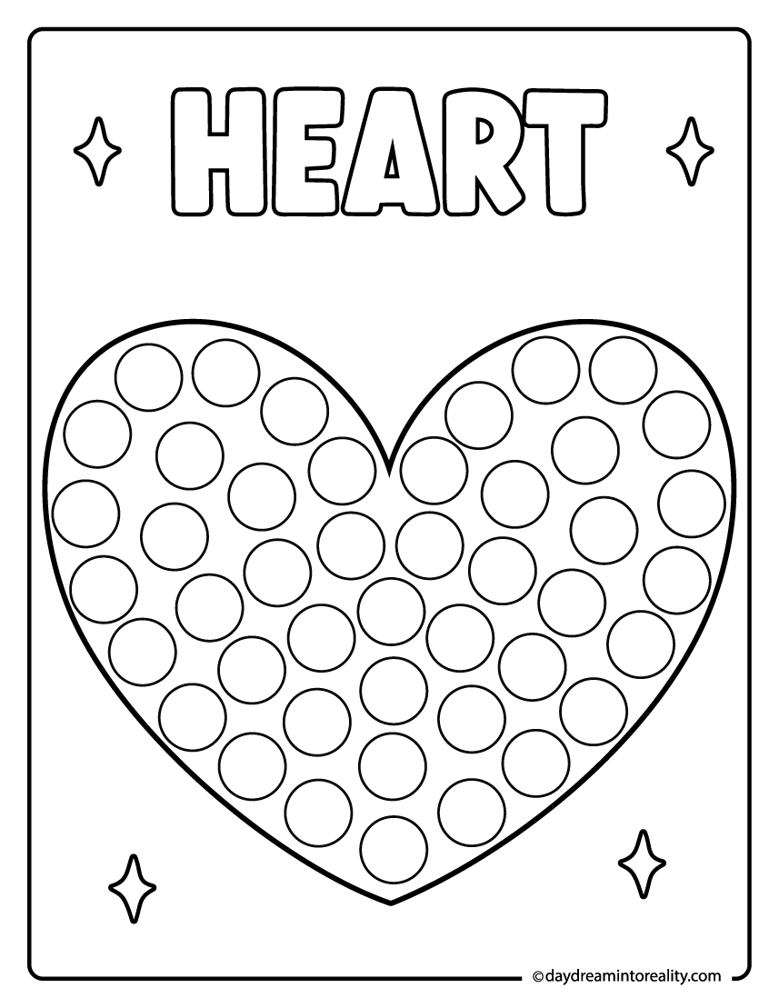 Heart dot marker page featuring a large heart shape for preschool dab a dot and paint a dot practice.