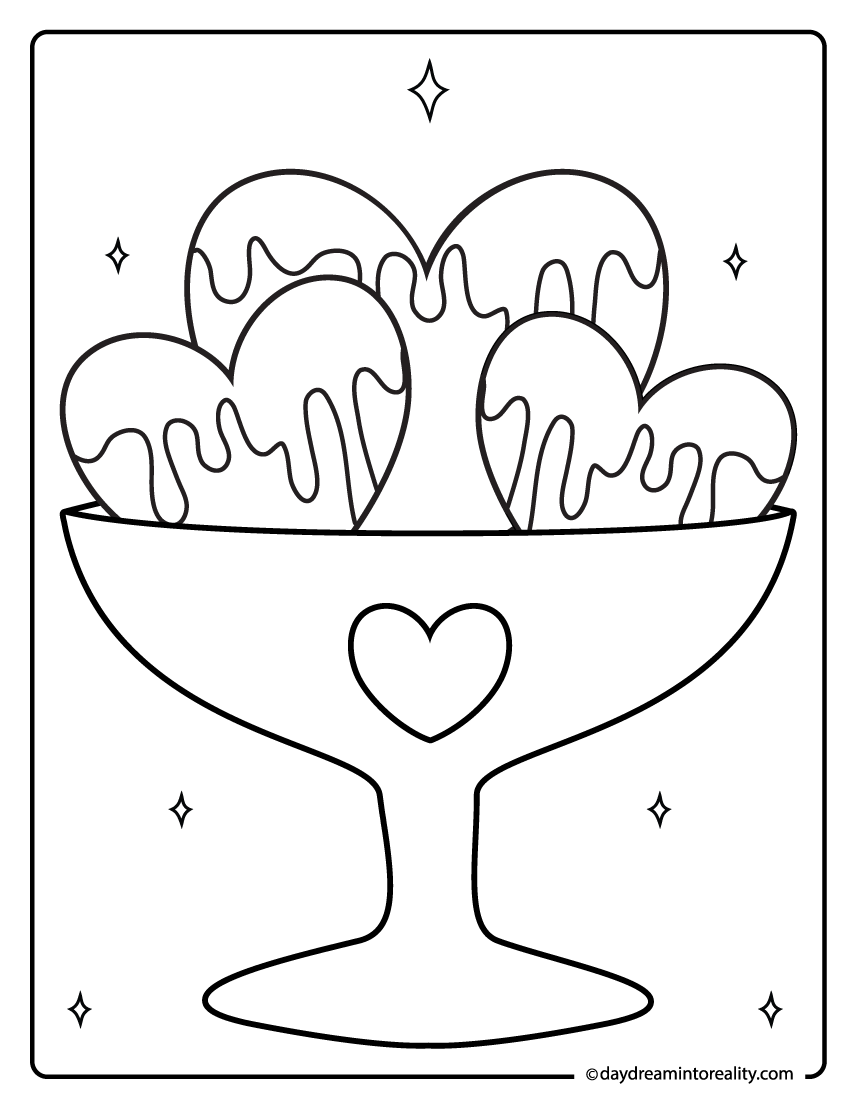 Ice cream bowl with melting hearts coloring page.