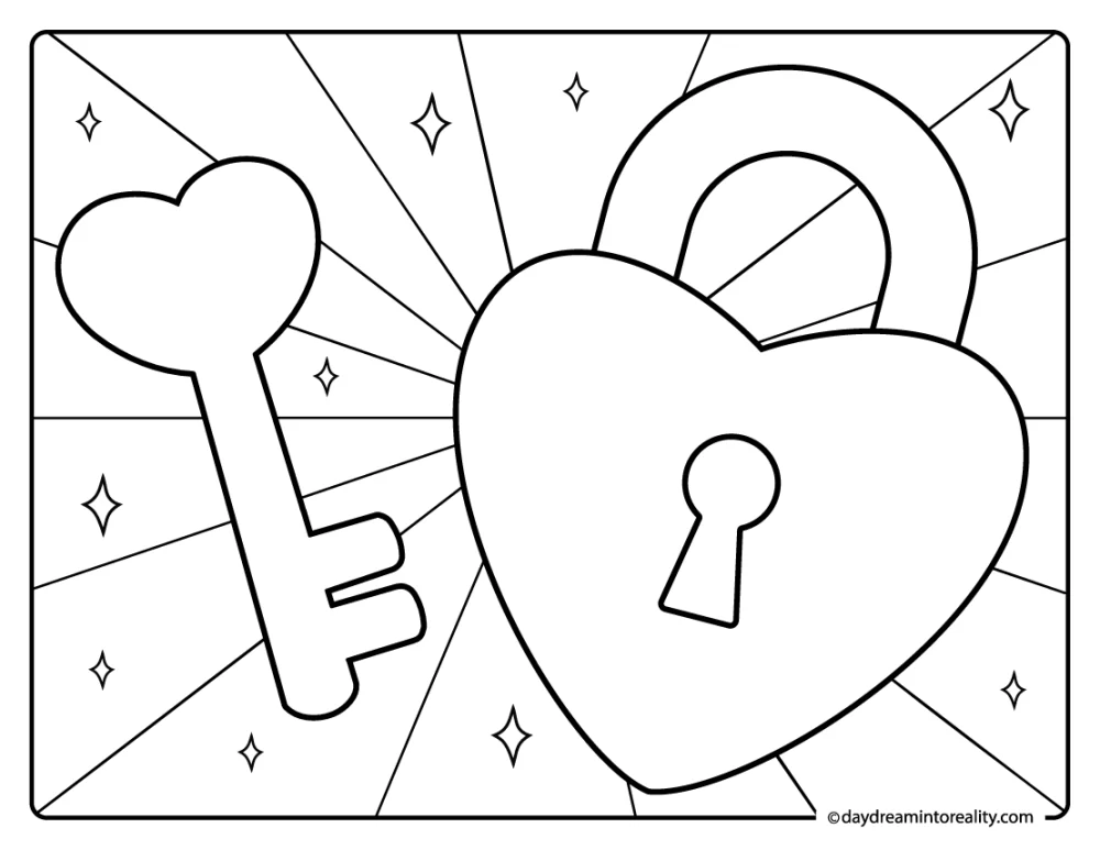 Heart lock and key coloring page with sparkles and love theme.
