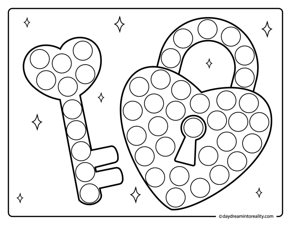 Heart lock and key dot marker page for kids to dab a dot while exploring heart shapes and fine motor skills.