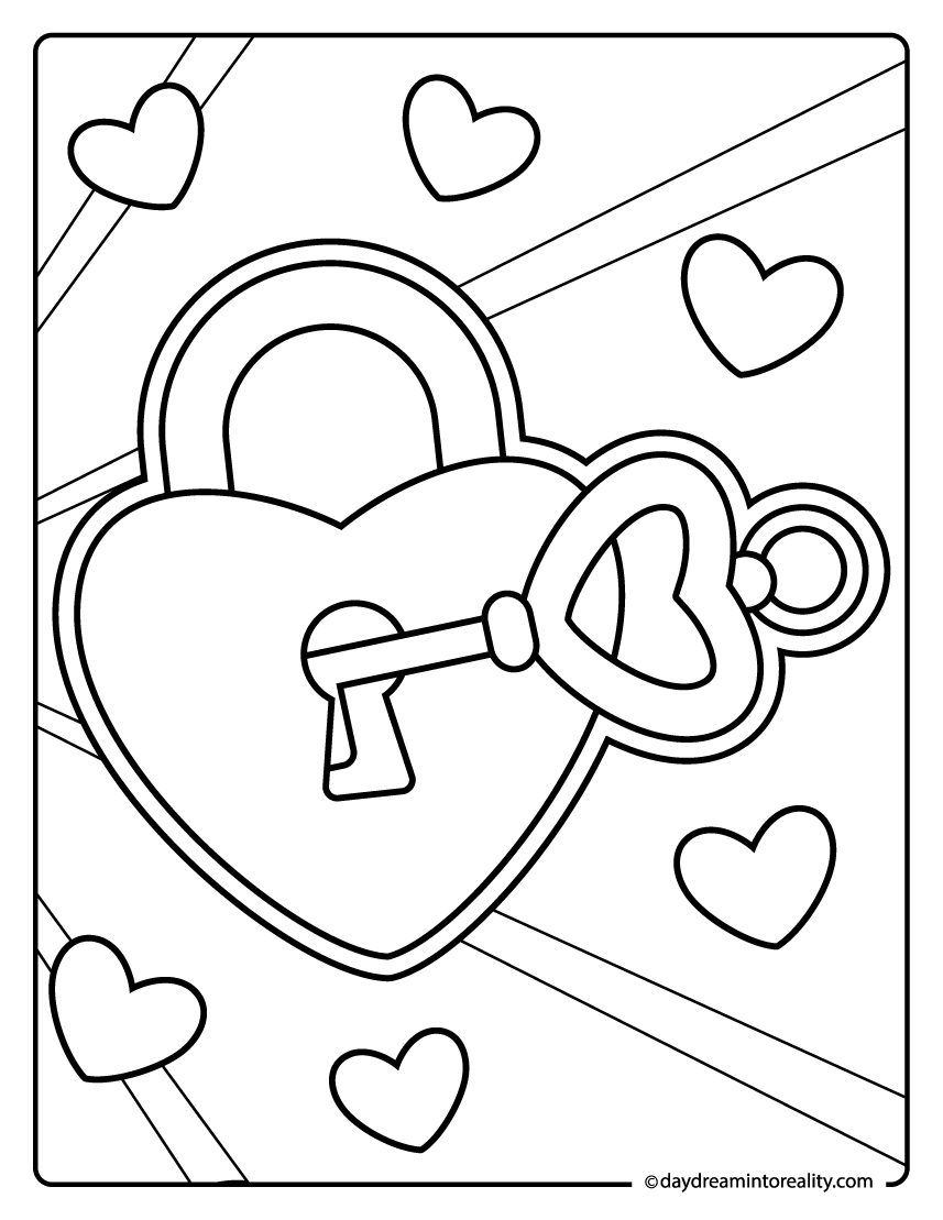 Heart lock coloring page with key and playful hearts.