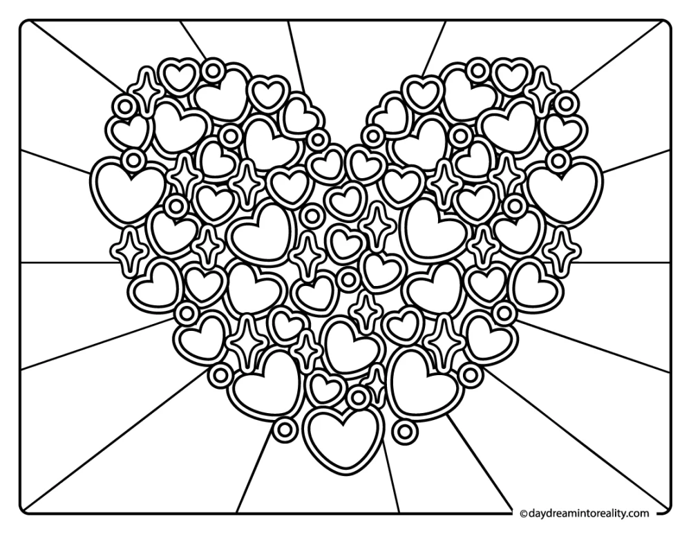 Clustered hearts forming one big heart coloring page.