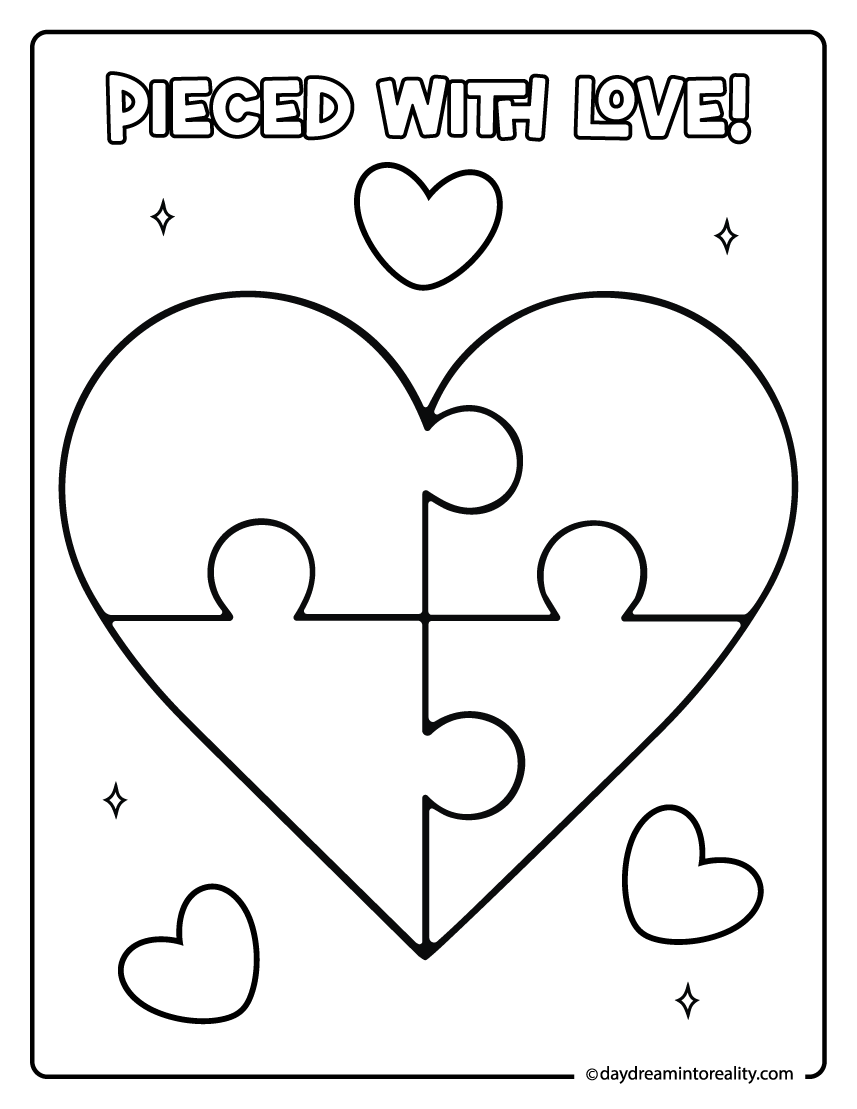 Heart puzzle coloring page with matching pieces.