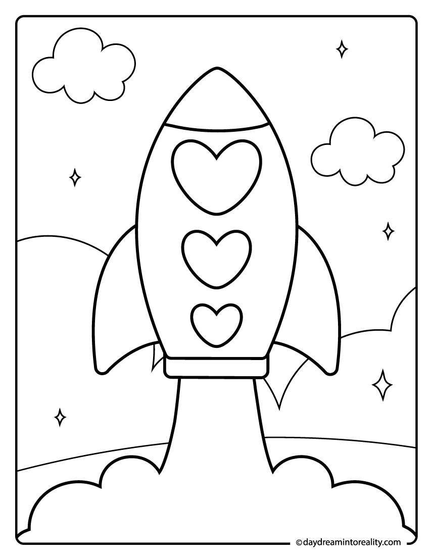 Rocket ship coloring page with heart windows.