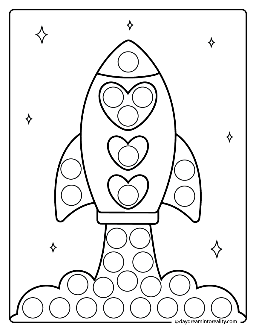 Heart rocket dot marker page for kids to paint a dot and enjoy a fun heart-themed activity.