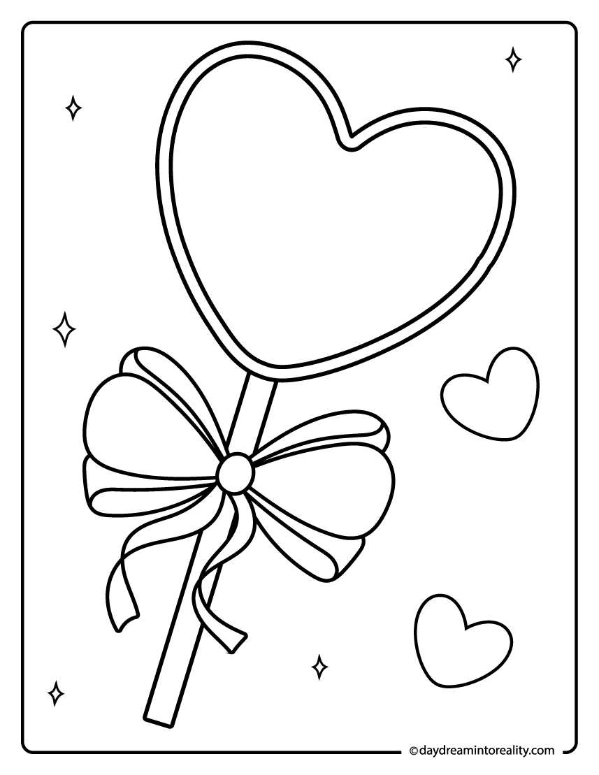 Heart scepter coloring page with ribbon bow and sparkles.