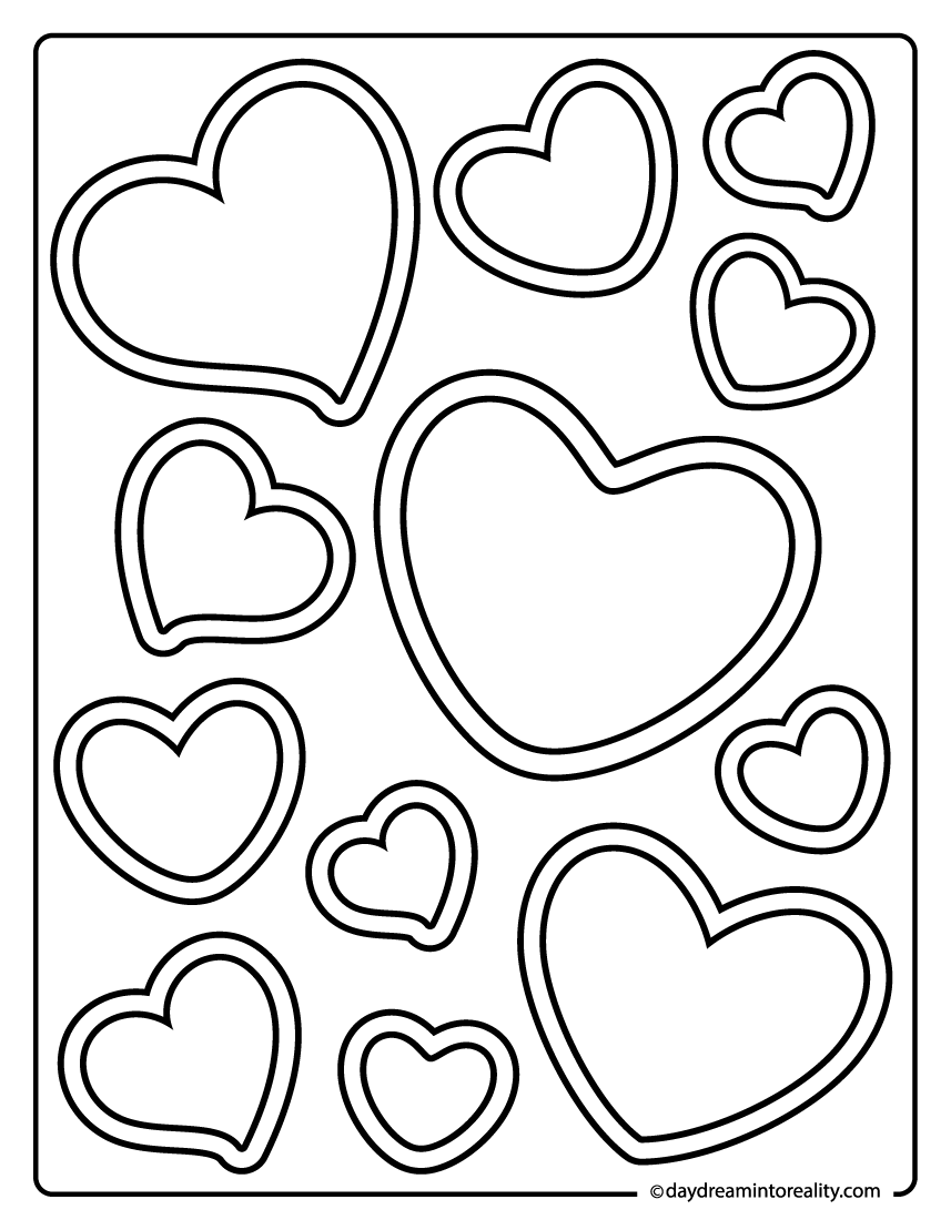Assorted heart shapes coloring page with bold outlines.