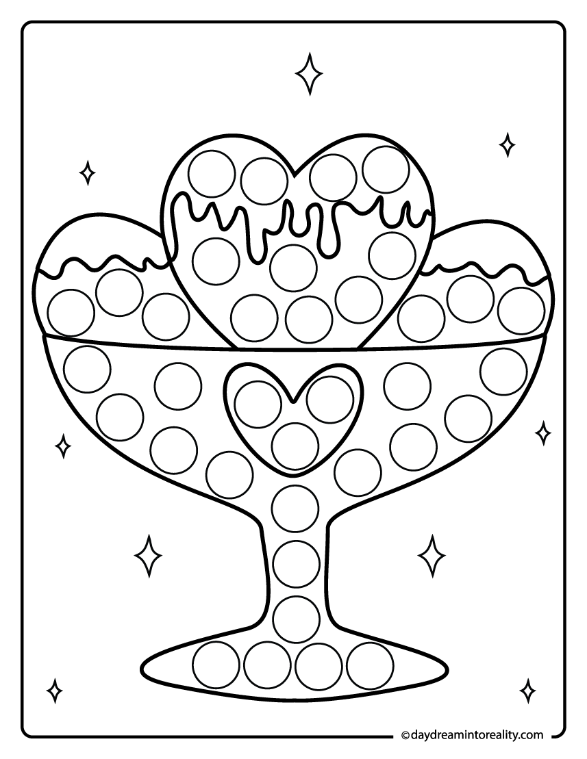 Heart sundae dot marker worksheet for preschool paint a dot activities and playful heart shape practice.