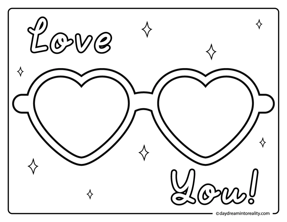 Heart sunglasses coloring page with love message.