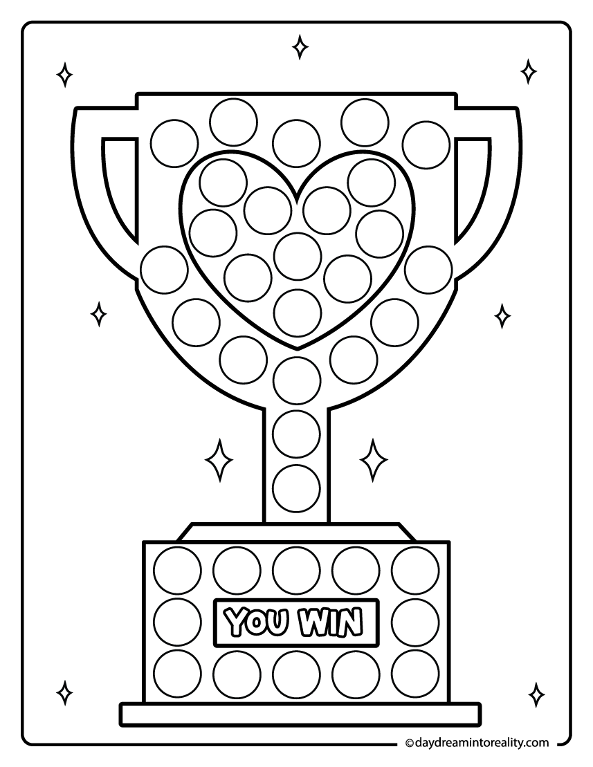 Heart trophy dot marker page for kids to paint a dot while building fine motor skills and confidence.