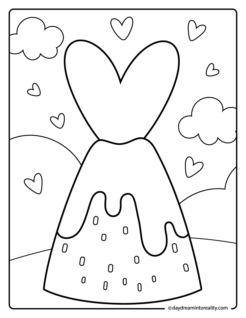 Volcano with heart lava coloring page with playful design.