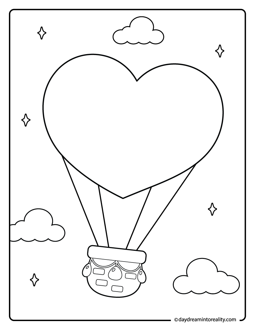 Hot air balloon heart coloring page with clouds and sparkles for kids.