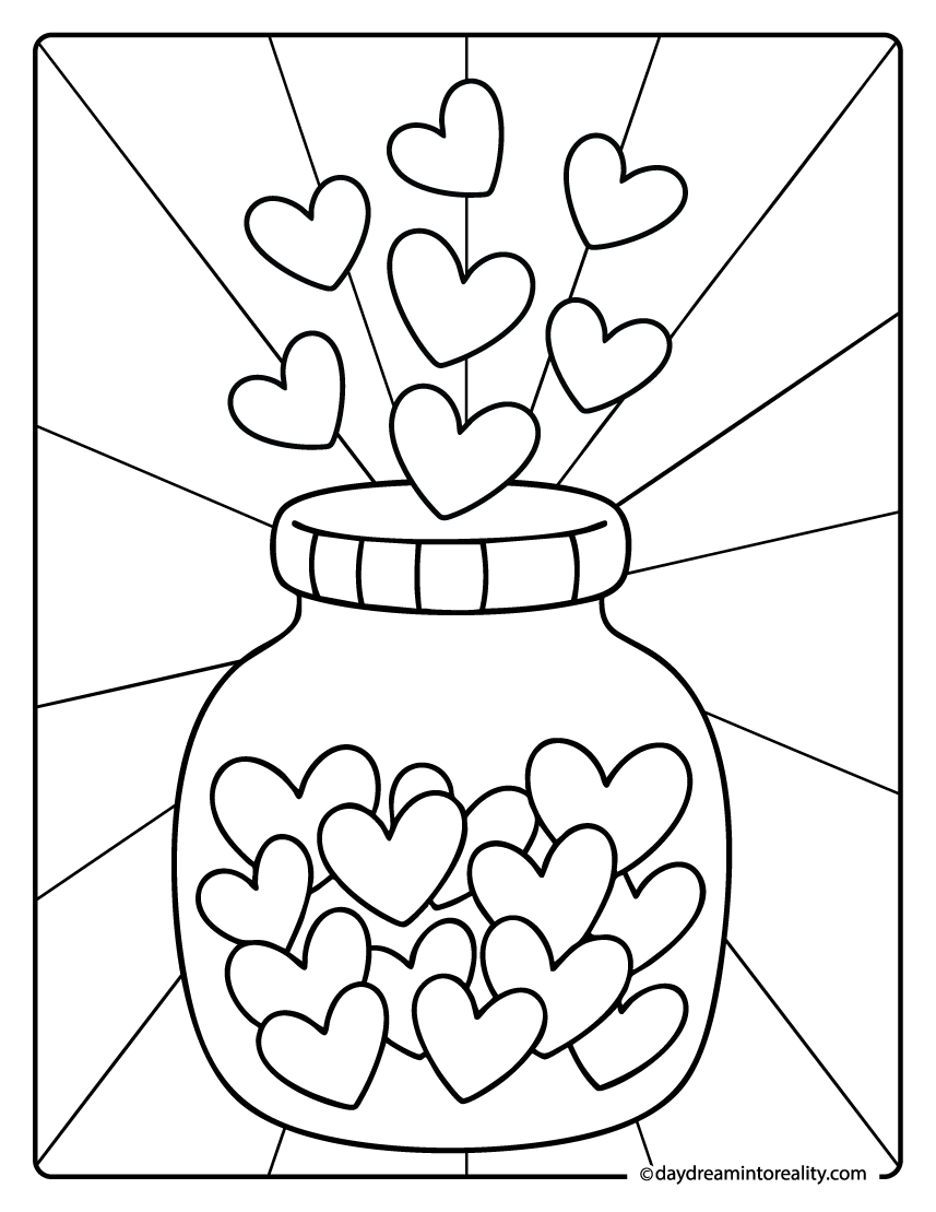 Jar filled with hearts coloring page with glowing rays.