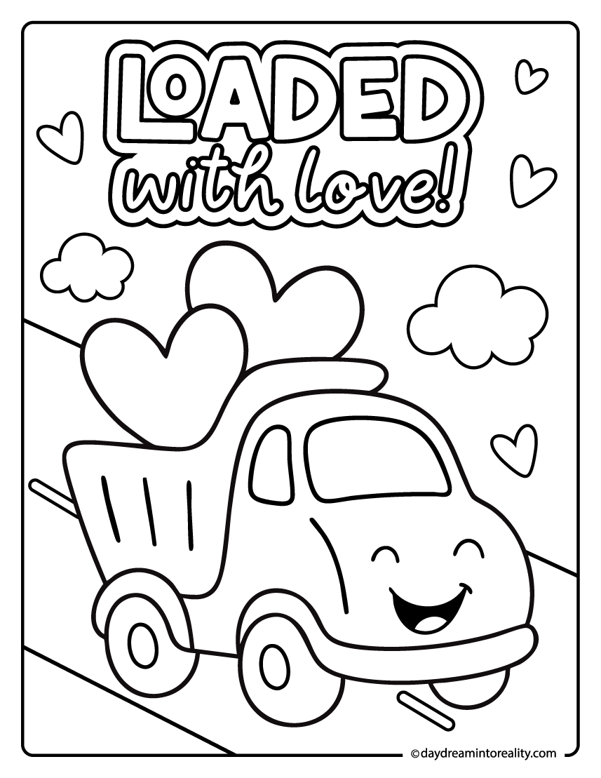 Truck delivering hearts coloring page with loaded with love text.