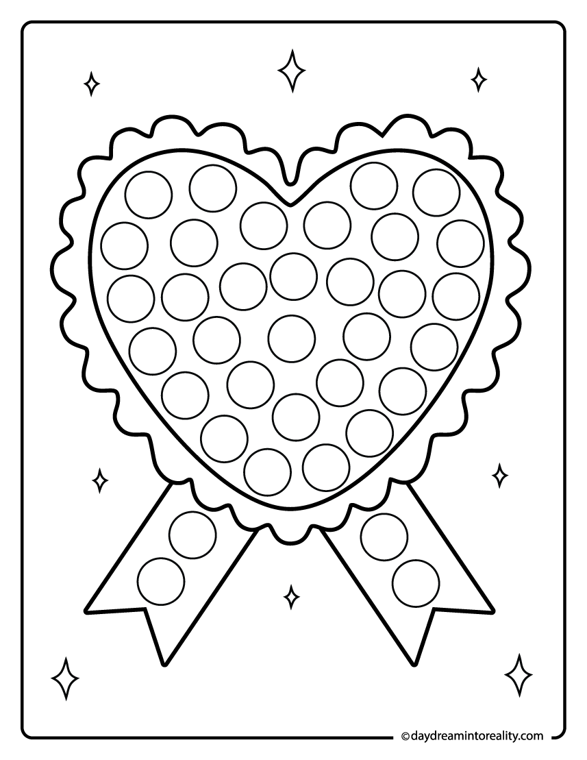 Ribbon heart dot marker worksheet for preschool dab a dot activities and heart shape recognition.