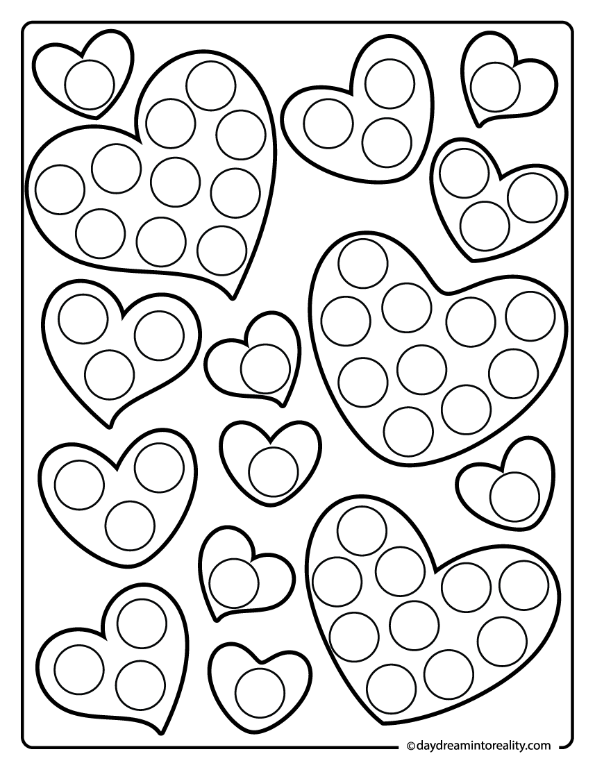 Heart dot marker worksheet with multiple heart shapes for kids to paint a dot and practice visual scanning.