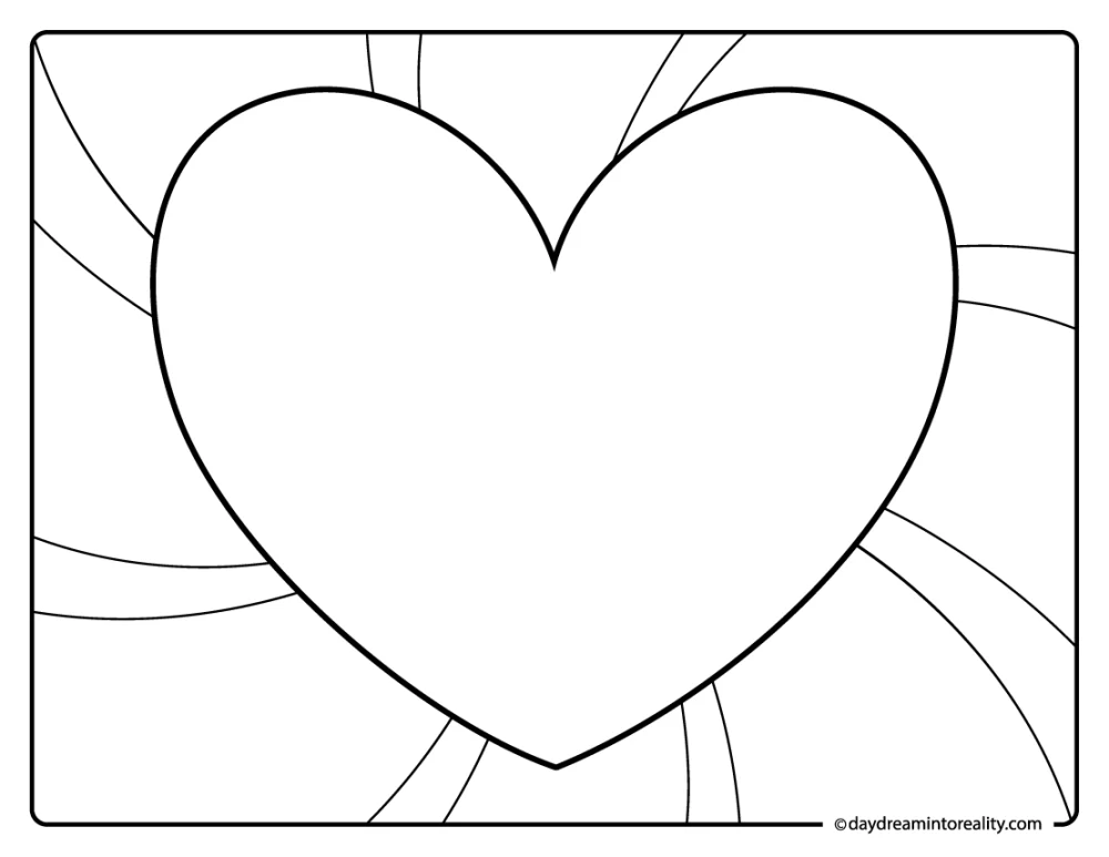 Simple large heart coloring page with soft background rays.