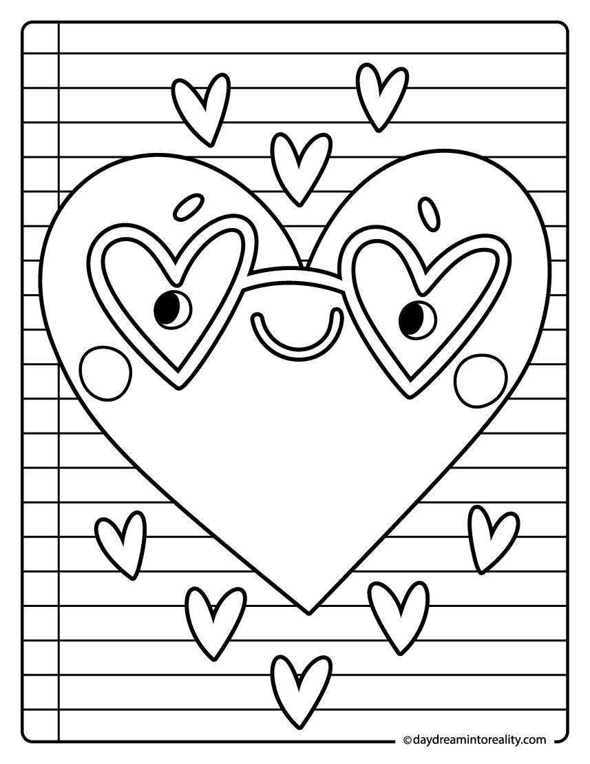 Smiling heart coloring page with glasses on lined background.