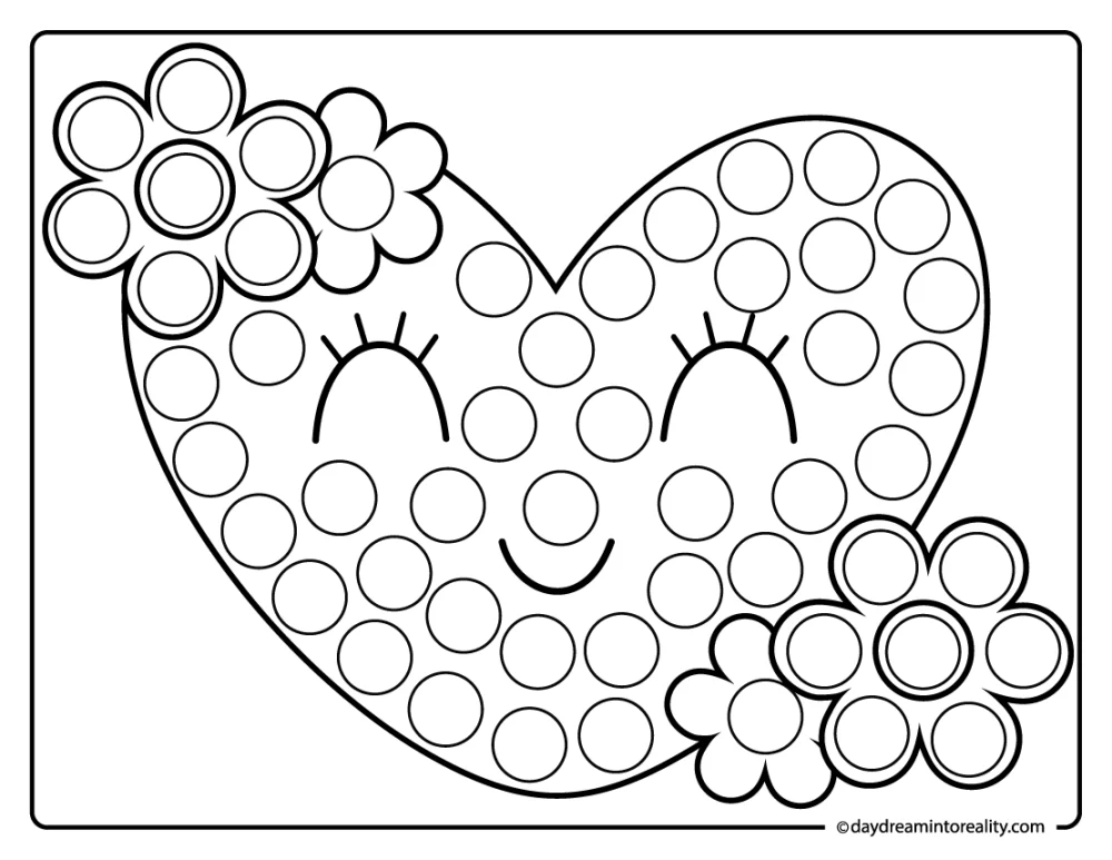 Cute heart dot marker worksheet with flowers, designed for preschool paint a dot activities and heart-themed fun.