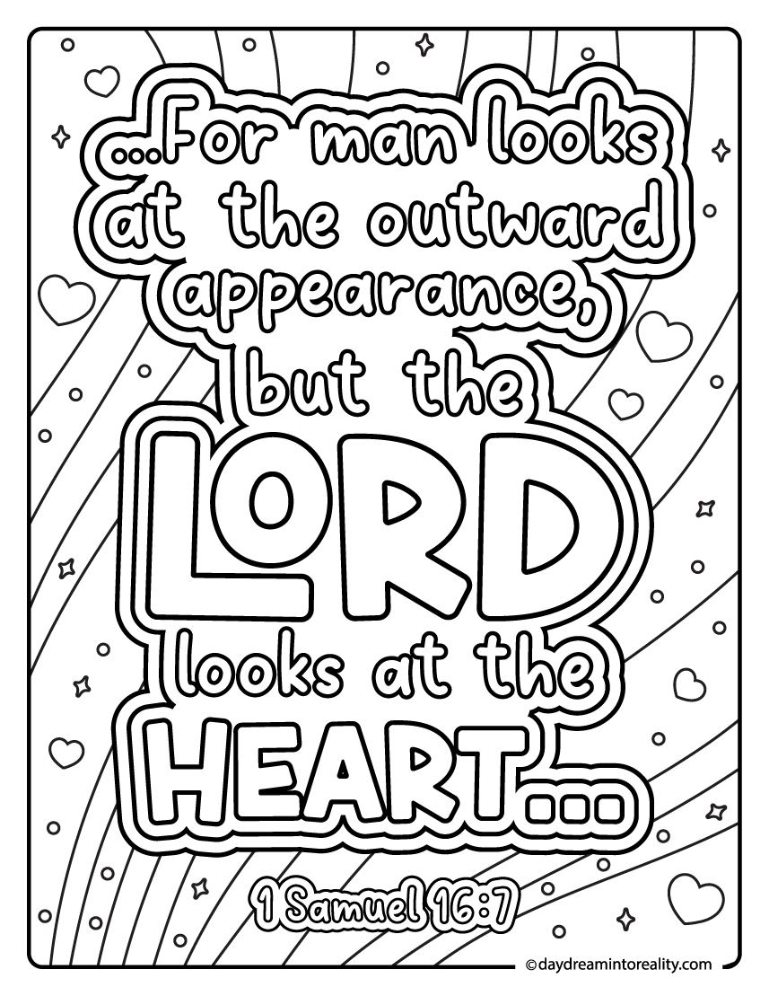 Bible verse (1 Samuel 16:7) heart coloring page about the Lord looking at the heart.