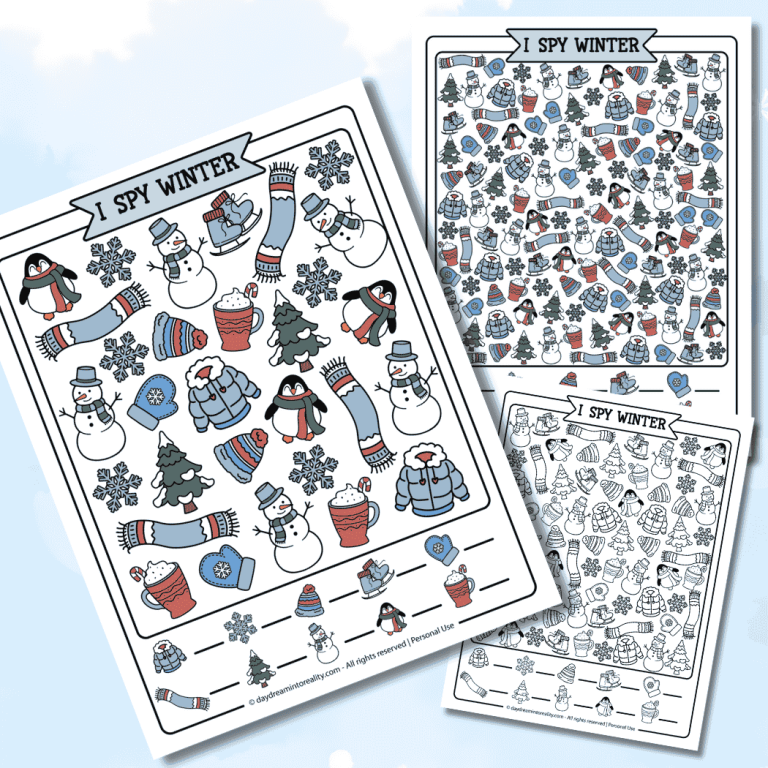 Winter I SPY printable activity preview showing multiple difficulty levels, designed as a winter I SPY worksheet set for preschool, kindergarten, and older kids.