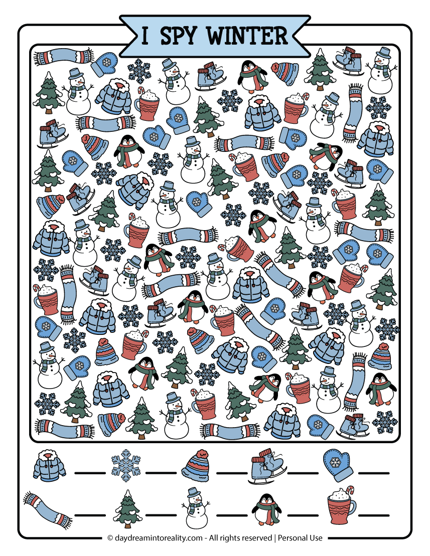 Hard winter I SPY printable with many images to search through, providing a challenging winter I SPY activity for older kids and even adults who enjoy a brain workout.