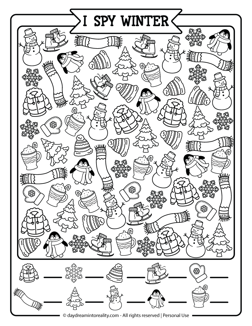 Medium winter I SPY coloring printable designed for kindergarten and first grade kids, providing a balanced winter I SPY activity with counting and visual discrimination practice.