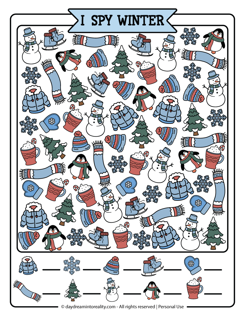 Medium winter I SPY activity created as a printable worksheet for kindergarten and first grade kids, offering counting practice and visual skills development in a winter I SPY puzzle.