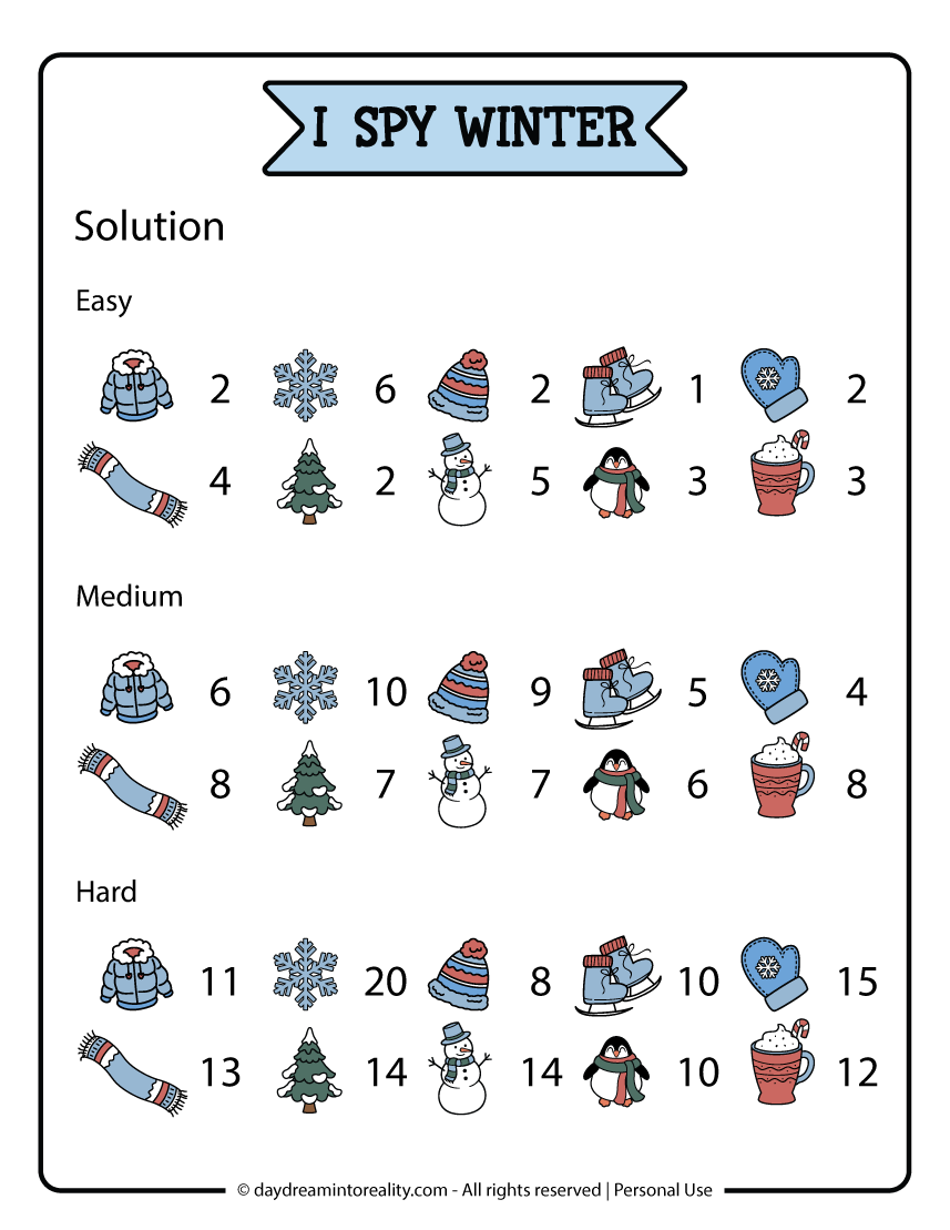 Winter I SPY printable solution page showing completed answers for easy, medium, and hard winter I SPY activities designed for kids and all ages.