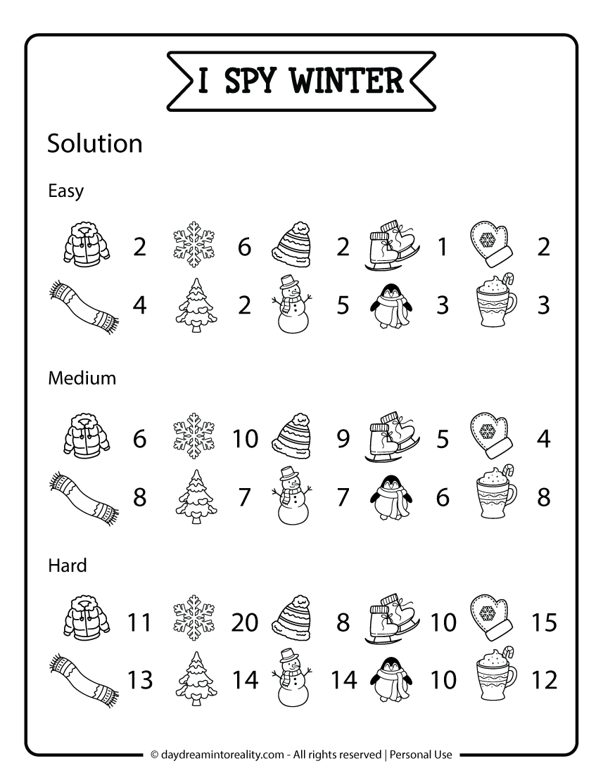 Winter I SPY coloring printable solution page displaying answers for all difficulty levels, supporting winter I SPY activities for preschool through older kids.