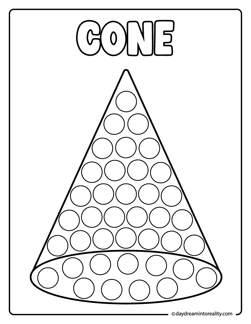 Cone dot marker worksheet printable for kindergarten three dimensional shape activity.