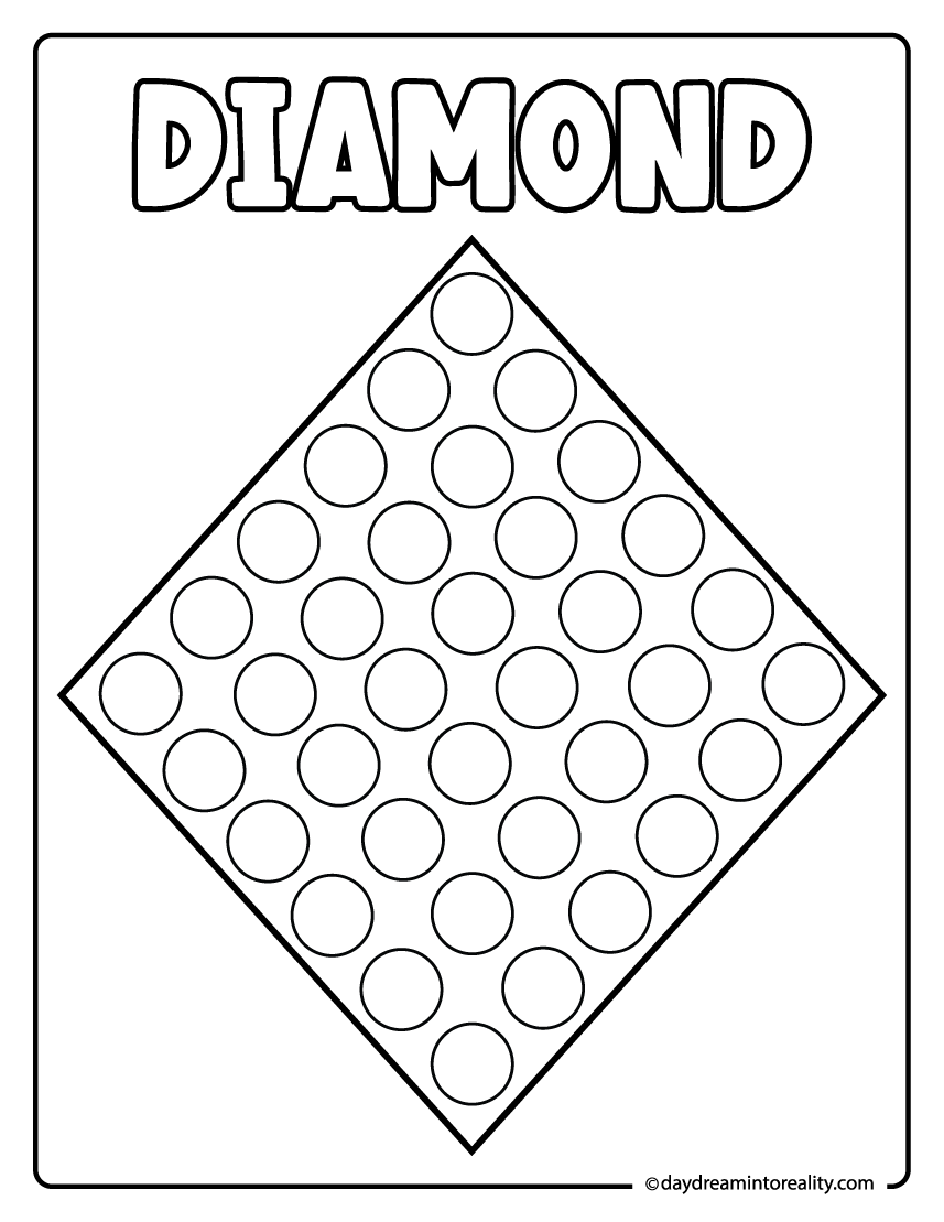 Diamond dot marker worksheet printable for kids learning geometric shapes.