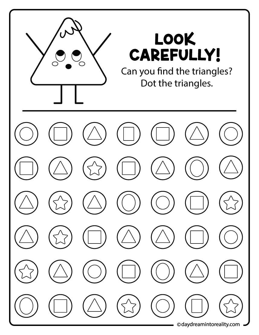 Find the triangles dot marker worksheet printable for kindergarten shape identification.