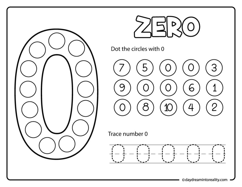 Number 0 dot marker and trace printable for preschool and kindergarten kids practicing tracing and number recognition.