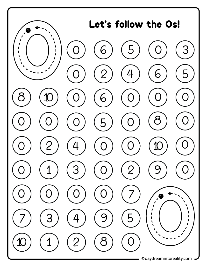 Number 0 dot marker maze printable where preschool and kindergarten kids follow the zeros to complete a number path challenge.