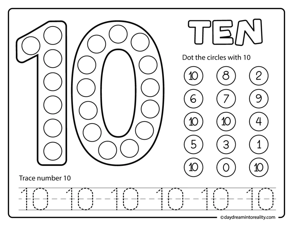 Number 10 dot marker and trace printable for kindergarten and preschool kids practicing counting to ten and number tracing.