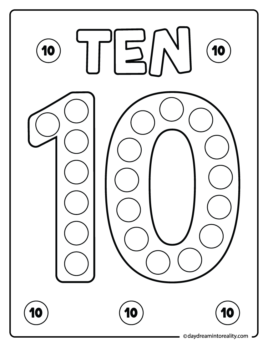 Number 10 dot marker printable for early learners practicing counting to ten and fine motor skills.